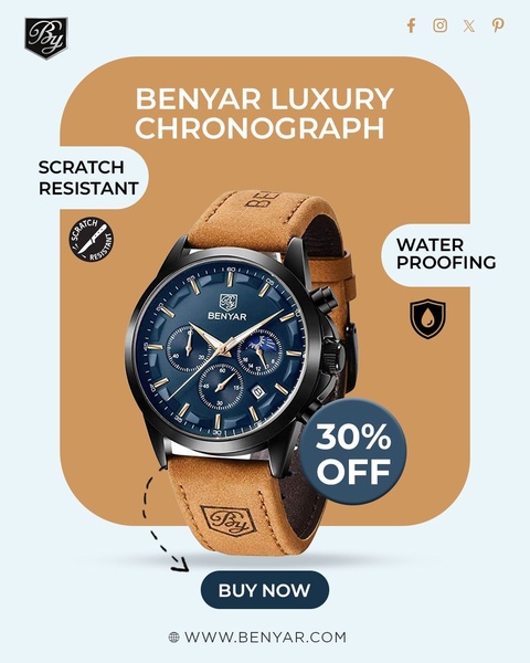 chronograph watch, leather strap watch, analog watch, luxury watch, mens watch, sport watch, sale promotion, product launch, minimalist, modern typography, bold, trustworthy, brown, blue, neutral